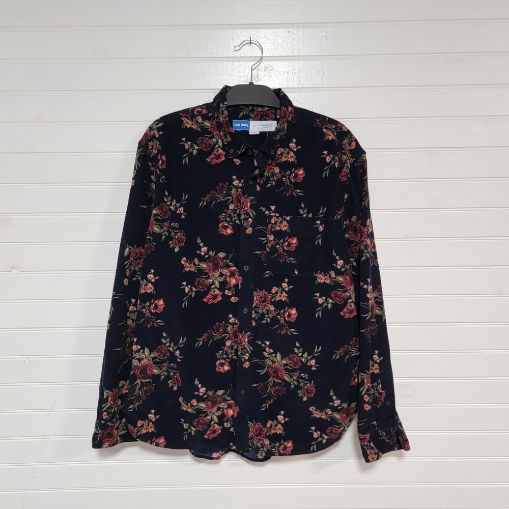 Old Navy Everyday Shirt XL Dark Floral Corduroy Button Down Long Sleeve Top